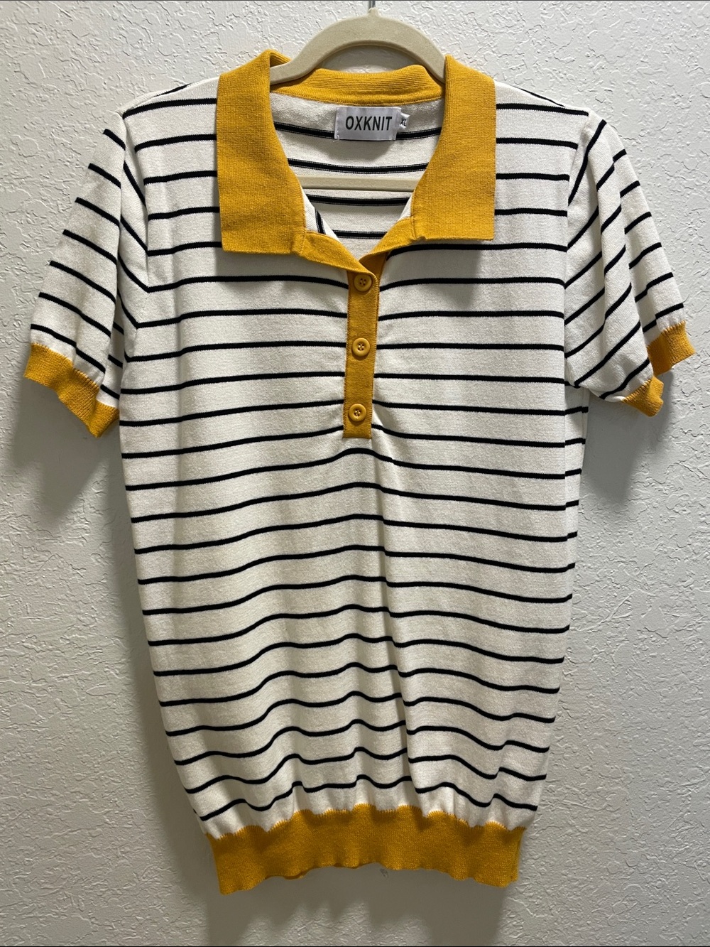 Striped Polo Top in White and Mustard